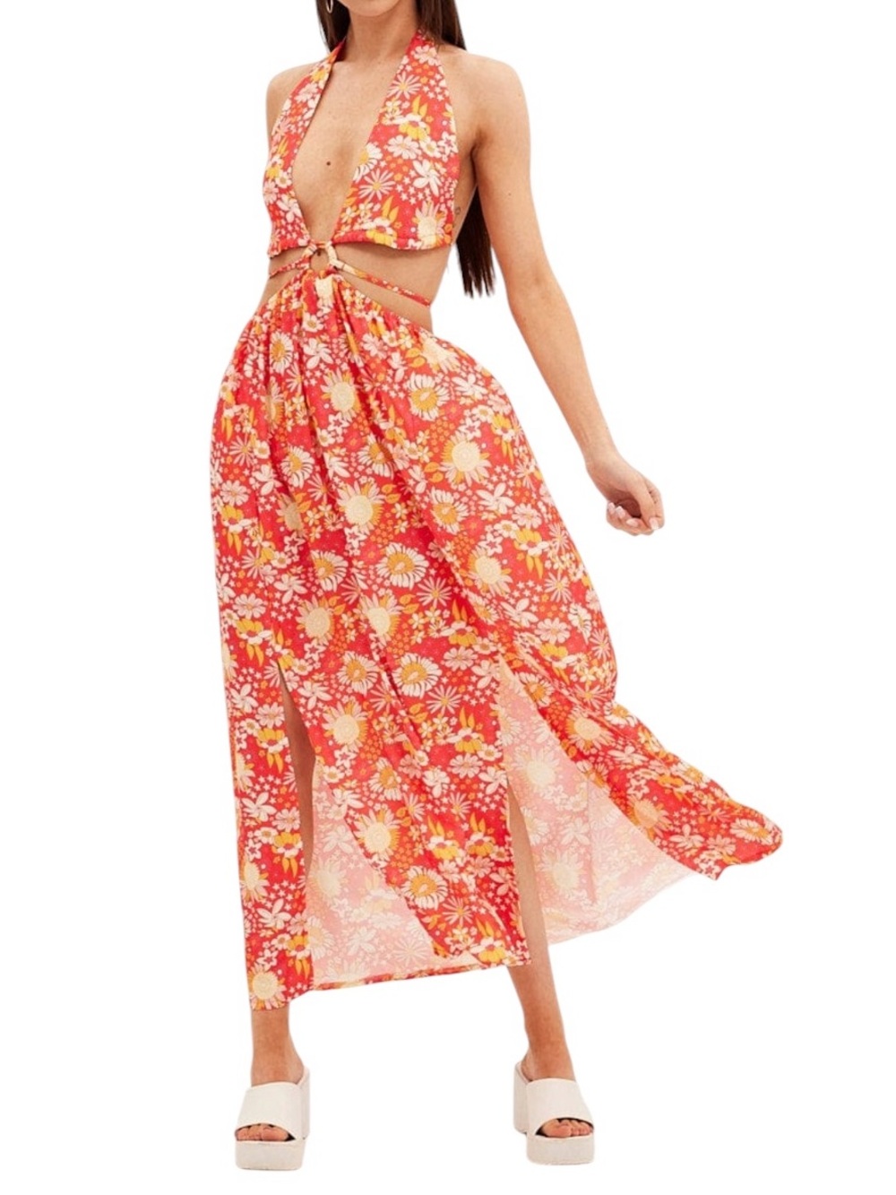 Hello Molly Red Floral Halter Maxi Dress